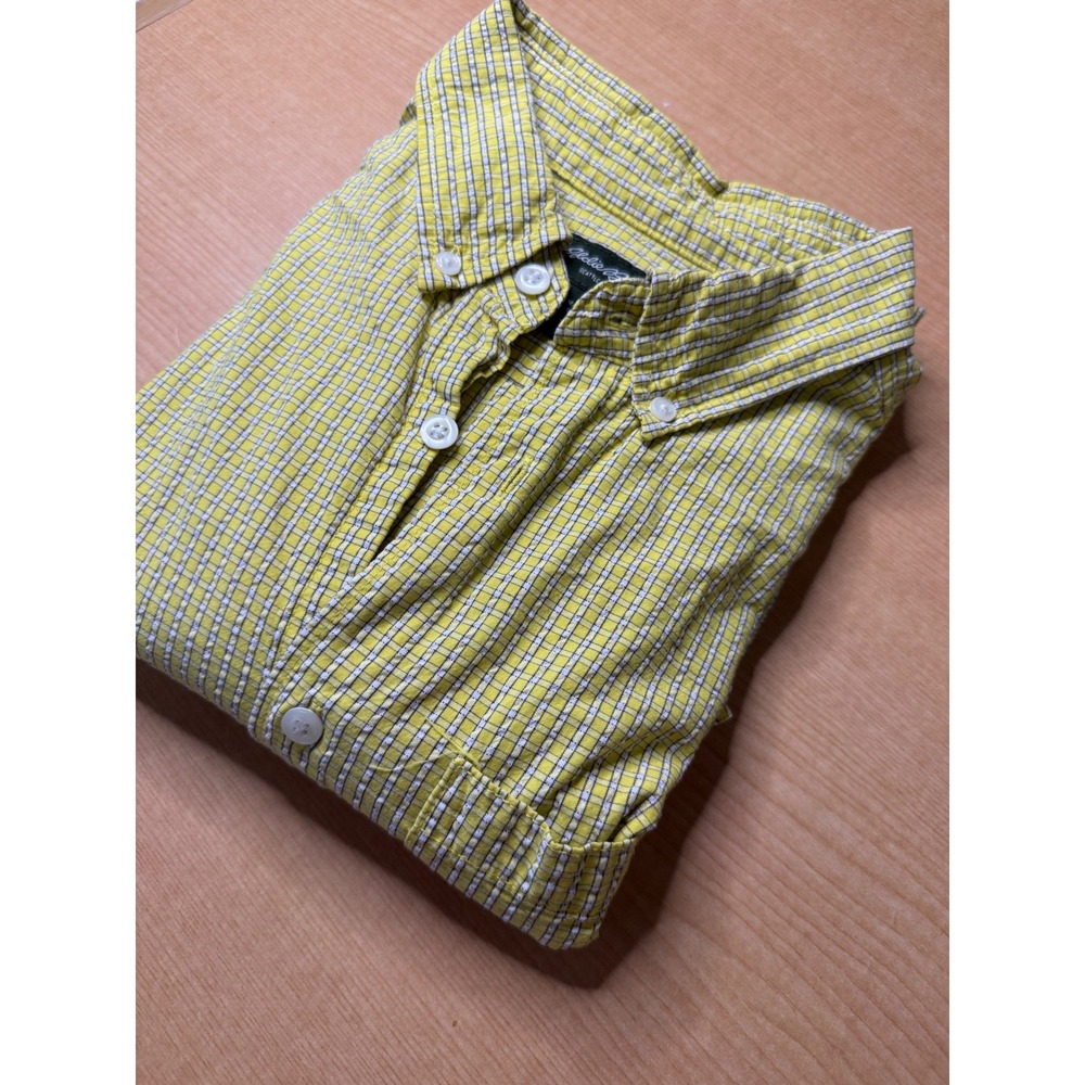 Eddie Bauer Mens Yellow Plaid Seersucker Short Sleeve Button Down Shirt Medium